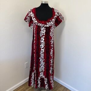 Vintage Royal Creations Red Hawaiian Floral Off Shoulder Maxi Dress Size L